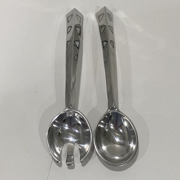 Mod Silver Tone Serving Fork & Spoon Set White Stone Shell Inlay Made in India - Picture 3 of 8